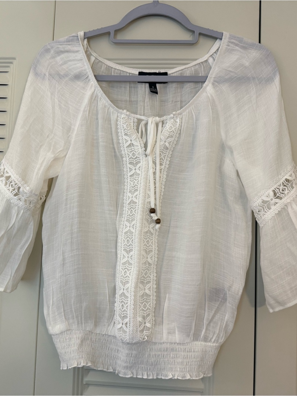 Women’s White Peasant Blouse with Lace Trim